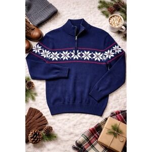 VTG Weatherproof Sweater Mens Large Blue Nordic Quarter Zip Cotton Y2K Knitwears